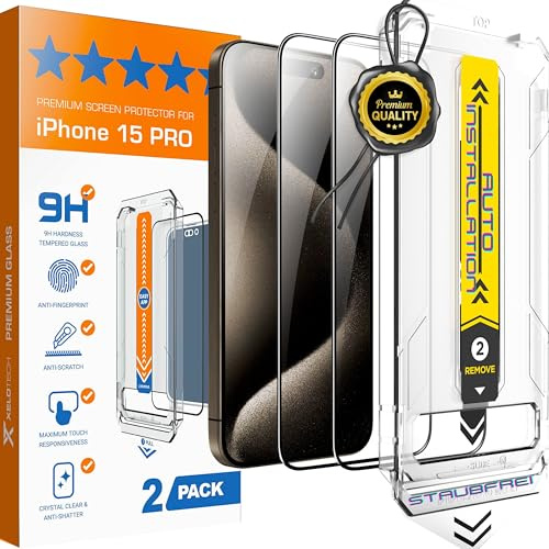 XeloTech Premium-Schutzglas für iPhone 15 Pro - Neue Antistaub-Schablone mit automatischer Ausrichtung, 2 Gläser - Extra Hart härter als 9H