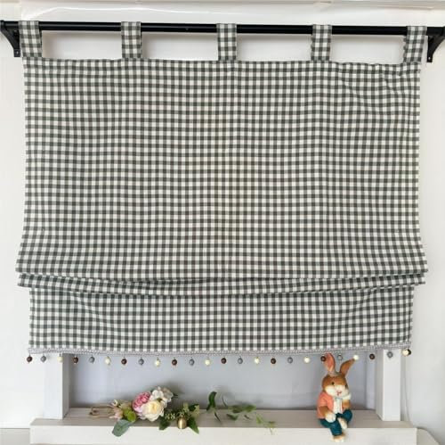 Vordesack Blickdichter Raffrollo mit Karo-Muster Landhausstil Gardinen mit Quasten-Kante Raffgardine mit Schlaufen Wohnzimmer Gardinenschal Küche 1 Stück Bunt HxB 140x100cm
