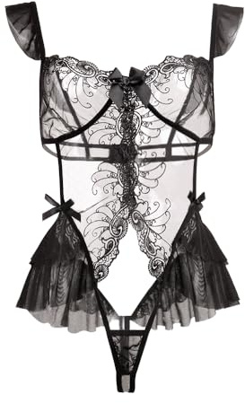Women Bodysuit Lace Half Cup One Piece Teddy Sexy Strappy Ruffle Lingerie | High Cut Babydoll Nightwear Floral Hollow Leotard Jumpsuit Outfit Top Sleepwear for Valentine Club Party Wear