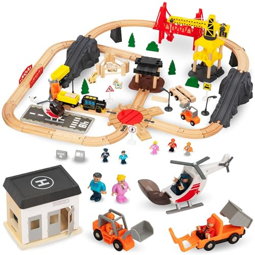Mamabrum Holzeisenbahn Batteriezug Set - Stadt mit Flugterminal, Kran, Züge, Figuren, Spuren & Leuchtsignale - Magnetisches Spielset für Kinder (48 Teile)