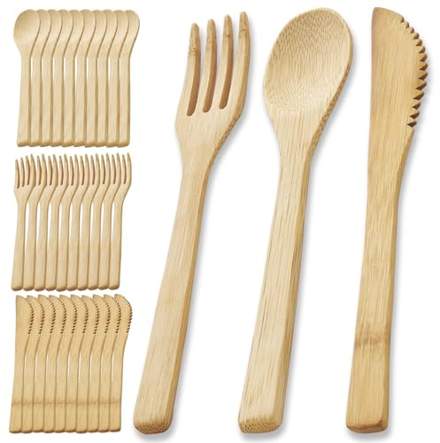 Wuhonghao Lot de 30 Couverts en Bambou - Set de 10 Cuillères et 10 Fourchettes - Bois Réutilisable, Durable, Démontable