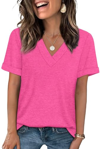 WIHOLL Summer Tops for Women Dressy Casual Short Sleeve Shirts V Neck Loose Fit Basic Cute Tops for Women Trendy Vacation Outfits Hot Pink XL