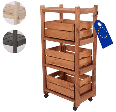 MODO24 Gemüseregal, Kistenregal mit 4 Ebenen, Holzregal, Rollenregal, Küchenregal, Regal für Obst, Abmessungen 102x48x34cm, Braun