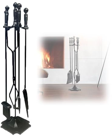 Gtzly Utensilios Chimenea, Juego de Herramientas for Chimenea de 5 Piezas, Mango de Bola, Juego de Herramientas for Chimenea de Hierro Forjado Y Soporte, Soporte for Fogata for Exteriores
