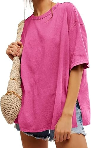 Tankaneo Maglietta da Donna, Oversize, a Maniche Corte, Girocollo, Estiva, in Tinta Unita, Lunga, Casual, Basic con Spacchi Laterali