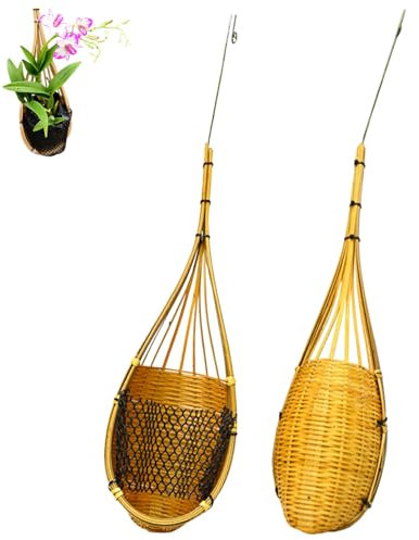 Lot de 2 pots à orchidées à suspendre avec crochet en métal - Panier à orchidée thaïlandais en bambou tissé multi-usages - Style nid d'oiseau - Décoration de jardin