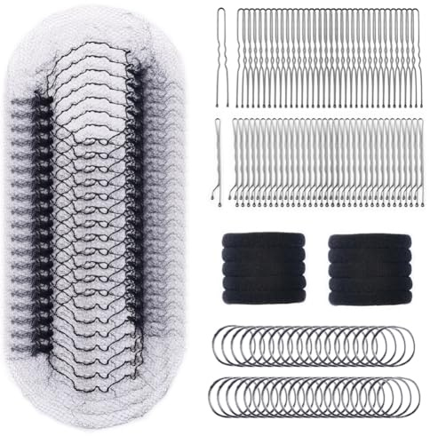 260PCS Hair Nets Set-50 Pcs 24 Inch Black Hair Nets with 50 U-Shaped Pins 50 Bobby Pins 100 Elastic Bands 10 Hair Ties, Perfect for Women Girls Ballet Bun Hair Bun Making,Black 24inch