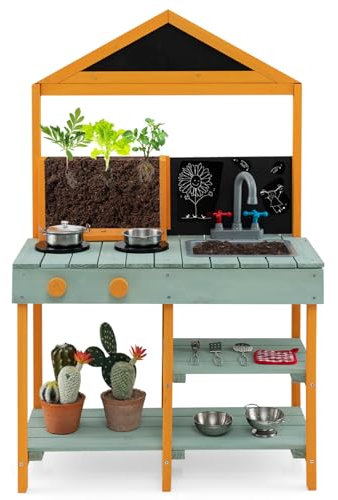 Maxmass Kids Mud Kitchen, Outdoor Wooden Children Play Kitchens with See-Through Planter Box, 2 Chalkboard, Sink, Faucet, Garden Toddler Toy Kitchen Cooking Playset for 3+ Years Old (Green+Yellow)