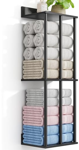 WeGXY Porte-Serviettes Mural avec Étagère en Bois - Support Métallique 3 Barres pour Serviettes Roulées - Grande Capacité Et Installation Facile - Noir