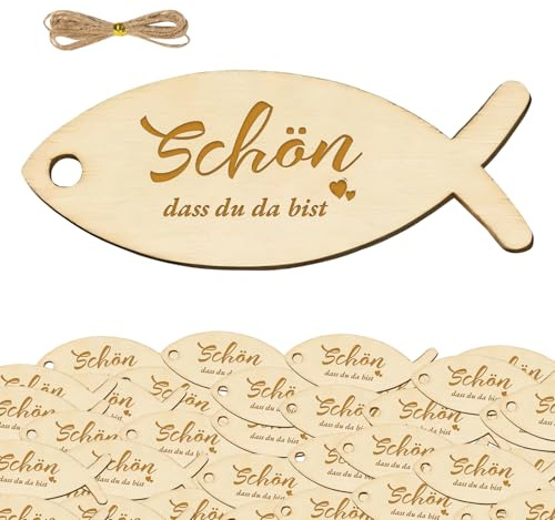40 Stücke Holz Geschenkanhänger, Schön DASS Du Da Bist, Holzanhänger Fischform Holzscheiben Holzdeko, Hochzeitsdeko, Gastgeschenke, Geburtstagsgeschenke, Streudeko für Kommunion Konfirmation Taufe