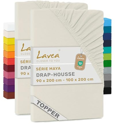 Lavea® 2er Pack Topper Spannbettlaken 90/100x200cm – Creme Naturweiß | 100% Baumwolle Jersey – Für Topper bis 12 cm Höhe – Weich, Formstabil und Langlebig
