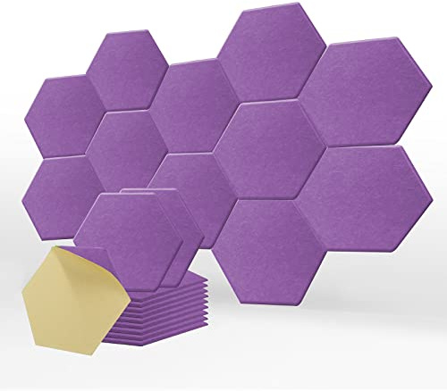 Lot de 12 panneaux acoustiques hexagonaux – Rembourrage mural insonorisant – Traitement acoustique autocollant pour studio et décoration d'intérieur, 35,6 x 30,5 x 1 cm, violet
