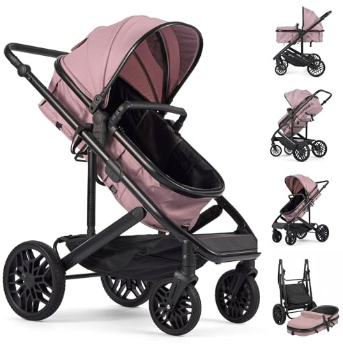 Lejoux™ Avant Baby Pushchair Travel System – Larger Foldable Stroller with Carrycot, 5-Point Harness, Adjustable Seat, Oversized Basket & One-Hand Fold – Swivel Wheels & Rain Cover Included (Pink)