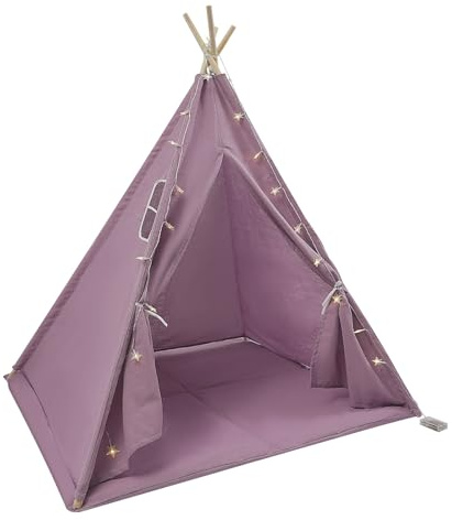 Tenda per bambini con porte e finestre, tenda da gioco per 1-3 bambini, con tappetino e catena luminosa, pieghevole, in cotone e lino, con aste in legno, per interni ed esterni, 120 x 120 x 140 cm