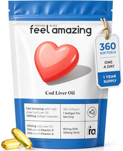 Feel Amazing Cod Liver Oil 1000mg Softgel Capsules – Omega 3 Fish Oil with Vitamin A & D – One a Day Daily Supplement for Bone, Vision & Immune Support – 360 Softgels 12 Month Supply