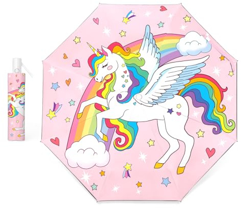 decalsweet Regenschirm Kinder, Automatik Taschenschirm Kinderschirm Einhorn | Knirps Regenschirm mit reflektierenden Streifen, Sturmfest,Kompakter,Robuster, Leicht zu Transportieren, Reise Regenschirm,
