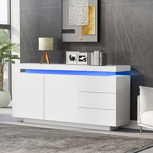 FammyLoft Hochglanz Sideboard Wohnzimmer mit 2 Türen und 3 Schubladen, Wohnzimmerschrank mit LED Licht, Esszimmerschrank, Küchenschränke Einzeln, Grifflose, Weiß