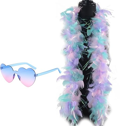 QhgPnt Feather Boa, Colorful Feather Boa With Heart Sunglasses, Delicate Feather Scarf, 1.2M Soft Feather Scarf For Dance Performances, Wedding Parties, Carnival Celebrations