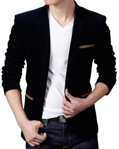 HUIANGLIYG Chaqueta Blazer de Pana Informal para Hombre, Corte Entallado, Ligera, con Un Botón y Bolsillos, para Traje Formal de Negocios, Estilo Vintage, para Primavera y Otoño, Color Negro, Tall