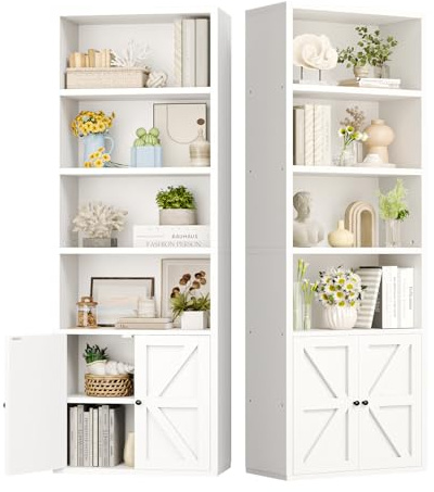 Nordivale Bücherregal mit Türen, Bücherregal Weiß aus Holz, Bücherschrank Hoch mit 6 Ebenen, Standregal, für Wohnzimmer, Schlafzimmer, Büro, Arbeitszimmer, 2 Stück