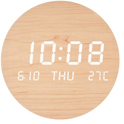 Lancoon Orologio da parete digitale in legno con temperatura, data, settimana, silenzio, 12/24 ore, interruttore ℃/℉, rotondo, da appendere, impermeabile, facile da usare, per camera da letto, casa