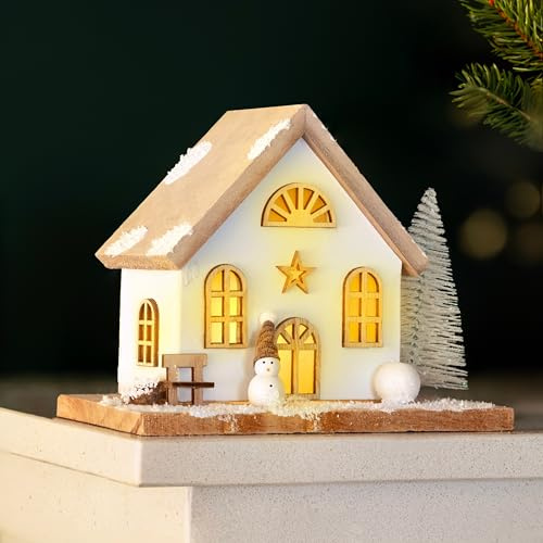 Marco Paul LED Wooden Christmas House Scene- 18cm Light up Rustic Tabletop Village Scene Decoration with Warm White Light Battery Powered Christmas Ornament for Festive Indoor Decor