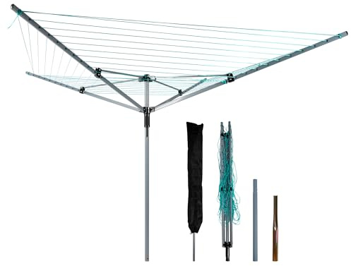 tonchean Wäschespinne Draußen Wäscheschirm mit Bodenhülse Schutzhülle | 60M Wäscheleine Stabil Wäscheständer für Garten, Grau + Grün