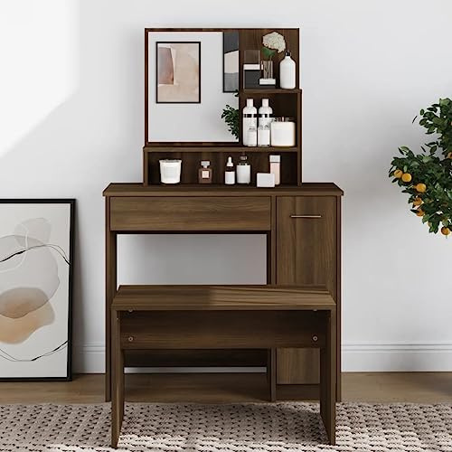 Toletta con Specchio in Legno Effetto Rovere Marrone, Cassetti e Ripiani Multipli, Postazione Trucco e Make Up, Toilette da Trucco per Camera da Letto, Vanity Desk for Makeup, 86.5x35x136 cm