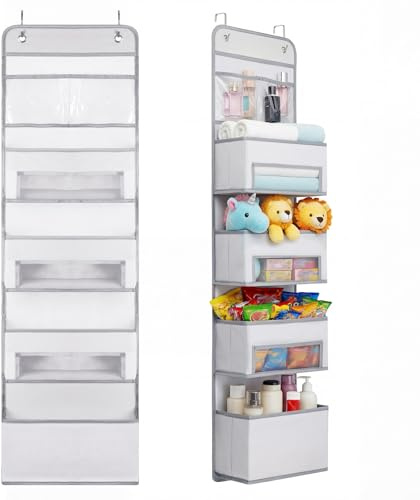 Pomodee Hängeorganizer 5 Taschen, Hängeregal für Tür, Aufbewahrung, Grau | Hängeorganizer mit 2 Haken, Platz für Spielzeug Pflegeartikel Kleidung, Badezimmer Kinderzimmer Schlafzimmer Vorratskammer