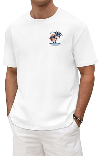Xnova Mens Cotton T-Shirts Summer Short Sleeve Loose Fit Tops for Men Adult Graphic Tee Shirts Sunset Palm Tree Casual Crew Neck Baggy Tshirts for Beach Holiday, White, L