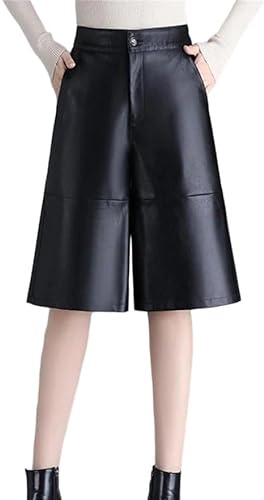 Women Black Pu Leather Wide Leg Shorts Motorcycle Punk Style Elastic High Waist Knee Length Short Pants