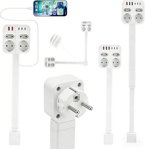 Steckdosenverlängerung mit Ausziehbarer, Steckdosenleiste Ausziehbar 47-67 cm, Steckdosen Verlängerung 360° Drehbar, Steckdosenleiste mit 3 USB-C/A & 4 Schuko, für Schreibtisch, Küche, Home, Office