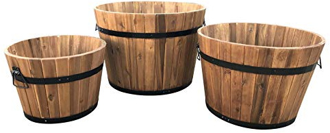 Garten-übertopf aus Holz, Set bestehend aus 3 Stück, Hartholz, Whiskeyfass, Blumentopf, in den Größen S/M/L