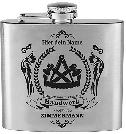 Generic Flachmann mit Wunschgravur, Zunft, Zimmermann, Original Edelstahl personalisiert, Zunftsymbol