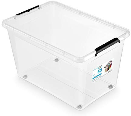 ORPLAST 3 Stück- MOXOM Rollerbox 60 Liter mit Deckel/Clips/Rädern - 58 x 39 x 35 cm - transparent