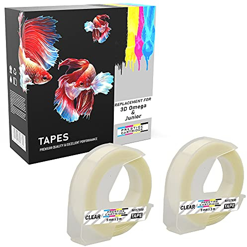 2er Pack weiß auf glänzend transparent 9mm x 3m Prägeetiketten (selbstklebend, kunststoff) kompatibel für Omega und Junior Etikettenprägegerät