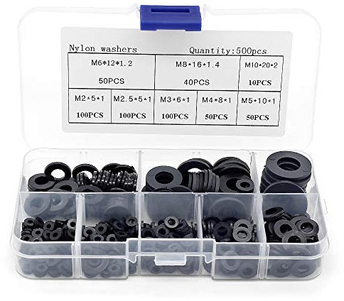 Yuhtech Juego de 500 Arandelas Planas de Nailon Negro, M2 M2.5 M3 M4 M5 M6 M8 M10 Arandela Plana de Plastico