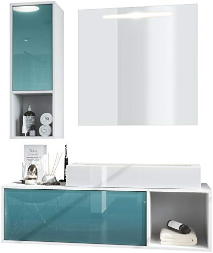 Vladon Set di mobili da Bagno Mobile Contenitore La Costa, Struttura in Bianco Opaco/Frontali in Verde Petrolio con lavabo e Specchio LED