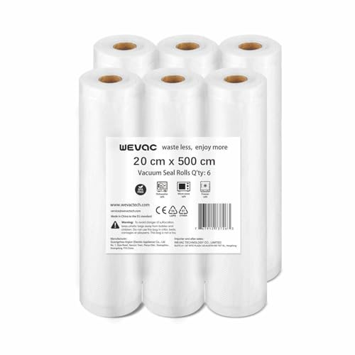 Wevac 6 Rollen 20x500cm Vakumierergerät Beutel, Vakuumbeutel Lebensmittel, Vakumierfolienrolle geeignet für Food Saver. BPA-frei, großartig für Vakuum-Aufbewahrung, für Einschweissgerät Vakuum