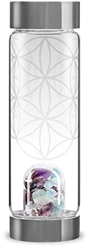 VitaJuwel Via FLOR DE LA VIDA - Botella De Agua Con Piedras Preciosas (Amatista - Aguamarina - Cristal de Roca) y flor de la vida.
