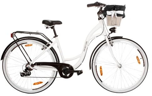 Goetze Mood 28 Zoll Damen Citybike, Aluminium Tiefeinsteiger 18 Zoll, Shimano Tourney 7-Gang Schaltung, LED-Beleuchtung, Rattankorb, Gepäckträger, Komfortsattel