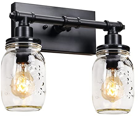 2 Light Bathroom Vanity Light Black Bathroom Light Fixture, Industrial Farmhouse Wall Sconce with Glass Shades, Mason Jar Vanity Light Fixture, Pipe Wall Lamp for Mirror Bedroom Hallway Living Room