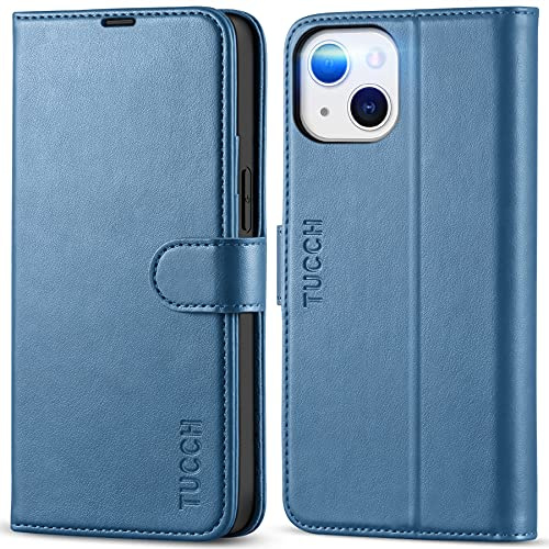 TUCCH Hülle für iPhone 13 Mini(5,4 Zoll) mit TPU, Blau | Schutzhülle mit Ständer, Magnet, RFID-Sperrung-Schutz, Kartenfach, Lederhülle Klappbar, Stoßfest Flipcase, Handyhülle