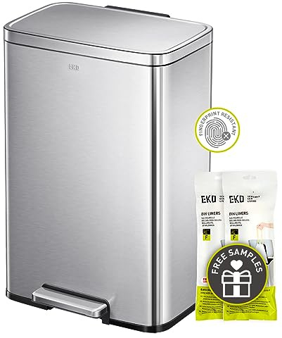 EKO Madison Brushed Stainless Steel 13.2 Gal/50L Kitchen Step Trash Can or Recycling Bin, Removable Inner Liner, Soft Close Lid, Fingerprint Resistant Finish