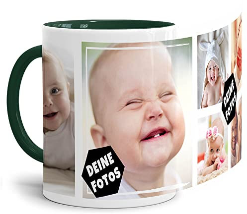 Foto-Tasse zum selbst gestalten mit Foto-Collage für 6 Wunschfotos - Geschenk für Familie, Freunde, Geburtstag, Weihnachten - Keramik Innen & Henkel Dunkelgrün, 300 ml I Personalisiert
