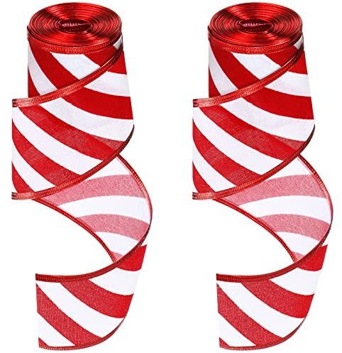 2 Rotoli 2,5 Pollici x 6 Iarde Nastri in Rosso e Bianco con Bordo Metallico Nastri Artigianali per Albero di Natale Fiocco Imballaggio (Riga Diagonale)
