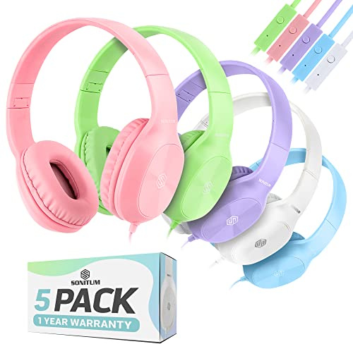 Sonitum Bulk Kids Headphones for School with Microphones - 5-Pack On-Ear 3.5mm Wired Headphones for Schools -Comfy Wired Kids Headphones with in-Line Mics – School Headphones for Kids