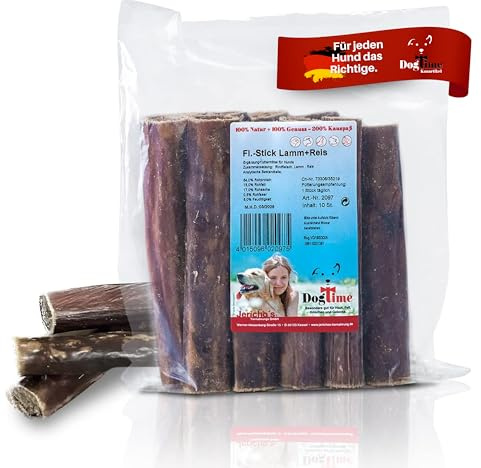 Dog Time Tiernahrung Fleischstick mit Reis & Lamm Geschmack 10er 290g getrocknet I Hundeleckerli fürs Hundetraining oder für unterwegs I Hunde Leckerlis ohne Zucker