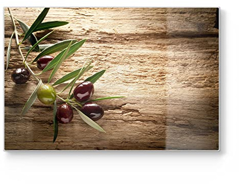 DEQORI Schneidebrett aus Glas | groß 30x20 cm | Motiv Dekorativer Olivenzweig | Design Schneideplatte für Küche | Frühstücksbrett antibakteriell & rutschfest | Glasplatte & Servierplatte