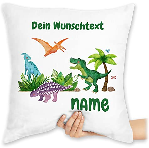 Kissen 40x40 Zierkissen - Tiere - Dino Dinos Dinosaurier - 40 x 40 cm - Weiß - tier personalisierte geschenke trex tieren name tiermotiv kita personalisierter saurier personalisieren dinosaur